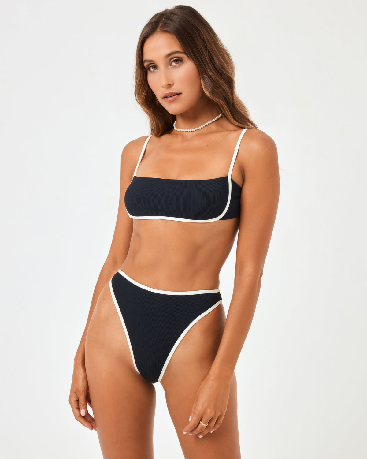 Ribbed Nora Bikini Bottom - Black-Cream Black-Cream | Model: Anna (size: S) | Hover